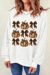 Pumpkin & Bow Graphic Long Sleeve Sweatshirt White OutfitFlow