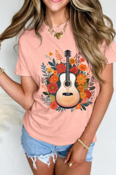 Guitar Flower Print Crew Neck Loose T Shirt Watermelon pink OutfitFlow