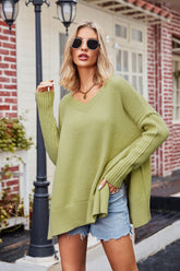 V-Neck Slit Exposed Seam Sweater Lime OutfitFlow