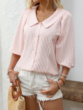 Striped Button Down 3/4 Sleeve Shirt Blush Pink OutfitFlow