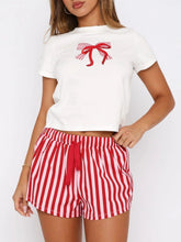 Printed Round Neck Short Sleeve Top and Drawstring Shorts Set Deep Red OutfitFlow