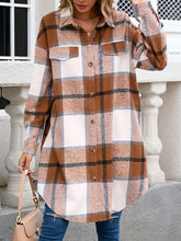 Plaid Button Up Long Sleeve Longline Outerwear Camel OutfitFlow