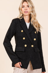 Mittoshop Plaid Texture Double-Breasted Long Sleeve Blazer Black OutfitFlow