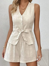 Button Up V-Neck Vest and Shorts Set Khaki OutfitFlow