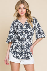 BOMBOM Floral Decorative Button V-Neck Top Black OutfitFlow