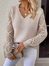 Openwork V-Neck Long Sleeve Sweater Beige OutfitFlow