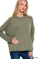 Zenana Full Size Exposed Seam Long Sleeve Corded Rib Knit Top Plus Size DK OLIVE OutfitFlow