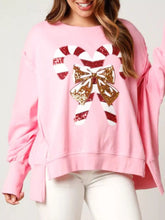 Christmas Candy Cane Bow Dropped Shoulder Sweatshirt Pink OutfitFlow
