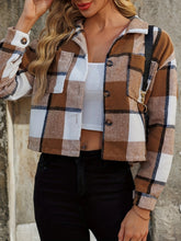 Plaid Collared Neck Cropped Jacket Caramel OutfitFlow