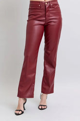 Judy Blue Full Size High Waist Tummy Control Faux Leather Straight Pants Plus Size RED OutfitFlow