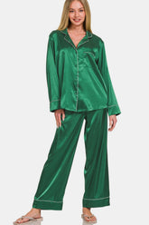 Zenana Satin Long Sleeve Shirt and Pants Pajama Set Hunter Green OutfitFlow