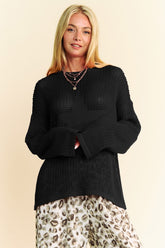 Davi & Dani Star Front Crochet Drop Shoulder Knit Top Black OutfitFlow
