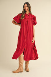 Annie Wear Mineral Washed Button Down Puff Sleeve Shirt Dress Deep Red OutfitFlow