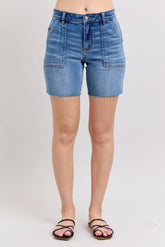 Judy Blue Full Size Mid Rise Bermudas Denim Shorts W/ Back Flap Pockets Plus Size MD OutfitFlow