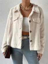 Collared Neck Button Up Jacket with Decorative Pocket Flaps Beige OutfitFlow