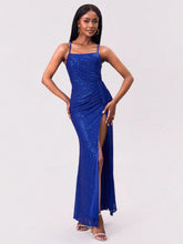 Slit Sequin Square Neck Spaghetti Strap Dress Royal Blue OutfitFlow
