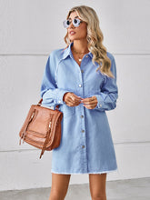 Raw Hem Button Up Denim Dress Light Blue OutfitFlow