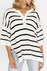 Stripe Drop Shoulder Side Slit Knit Top White OutfitFlow
