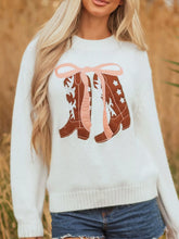 Embroidered Bow Boots Graphic Drop Shoulder Sweater White OutfitFlow