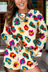 Leopard Round Neck Long Sleeve Top and Drawstring Shorts Set Ivory OutfitFlow