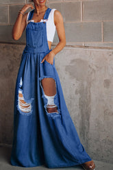Distressed Wide Leg Denim Overalls Medium OutfitFlow