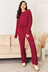 Basic Bae Full Size Ribbed Drawstring Hooded Top and Straight Pants Set Deep Red OutfitFlow