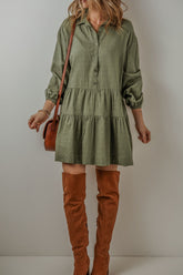 Tiered Collared Neck Balloon Sleeve Shirt Dress Army Green OutfitFlow