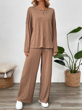 Perfee Quarter Button Long Sleeve Top and Pants Set Camel OutfitFlow