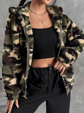 Camo Print Fuzzy Zip Up Outerwear Army Green OutfitFlow