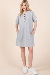 BOMBOM Casual Contrast Trim Henley Dress GREY OutfitFlow