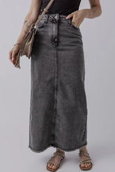 Raw Hem Midi Denim Skirt with Pockets Dark OutfitFlow