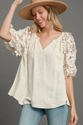 Umgee Full Size French Terry Boxy Cut Top with 3D Floral Sleeve Plus Size OATMEAL OutfitFlow