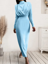 Ruched Turtleneck Long Sleeve Dress Light Blue OutfitFlow