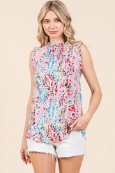 Lime 'N' Chili Full Size Graphic Print Ruffle Trim Mock Neck Sleeveless Top Plus Size PINK OutfitFlow