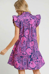 Umgee Full Size Printed Ruffle Cap Sleeve Babydoll Dress Plus Size NAVY PINK OutfitFlow