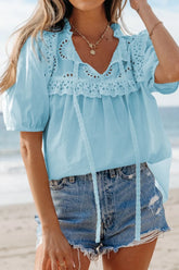 Eyelet Lace Trim Puff Sleeve Blouse Pastel Blue OutfitFlow