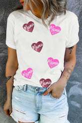 MAMA Heart Shape Sequin Patched Crew Neck T Shirt White OutfitFlow