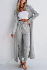 Open Front Long Sleeve Cardigan and Pants Lounge Set Gray OutfitFlow
