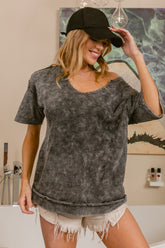 BiBi Washed Notched Short Sleeve Top Black Charcoal OutfitFlow