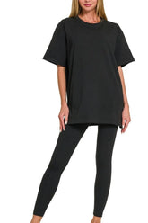 Zenana Cotton Round Neck Top & Legging Set BLACK OutfitFlow