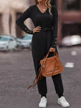 V-Neck Long Sleeve Tie Waist Jumpsuit Black OutfitFlow