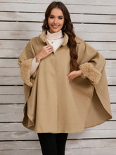 Fuzzy Trim Long Sleeve Poncho Tan One Size OutfitFlow