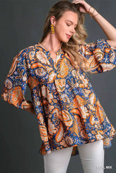 Umgee Mix Paisley Boho Tunic Blouse TEAL MIX OutfitFlow