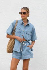Collared Neck Button Up Top and Shorts Denim Set Light OutfitFlow