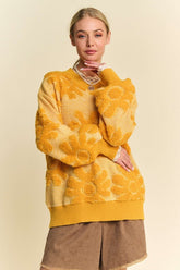 Davi & Dani Flower Texture Round Neck Dropped Shoulder Sweater Gold OutfitFlow