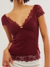 Lace Detail V-Neck Cap Sleeve Top Burgundy OutfitFlow