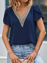 V-Neck Petal Sleeve Blouse Navy OutfitFlow