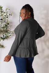 Double Take Half Button Long Sleeve Ruffle Hem Blouse OutfitFlow