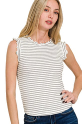 Zenana Ribbed Ruffle Trim Sleeveless Stripe Top WHITE BLACK OutfitFlow