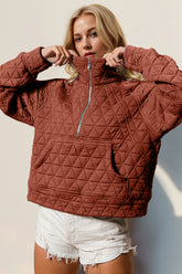 Double Take Half Zip Long Sleeve Quilted Sweatshirt with Pocket Caramel OutfitFlow
